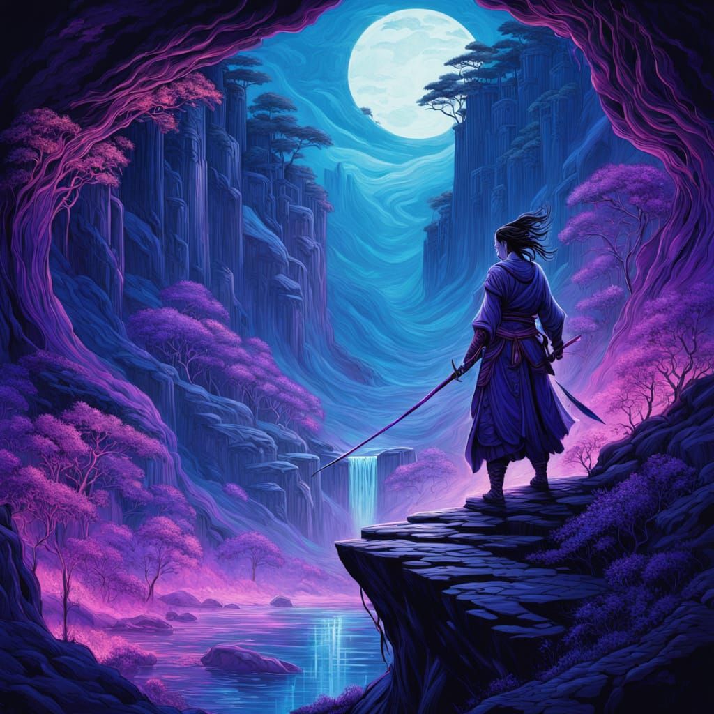 Art Nouveau Samurai Woman on Cliff