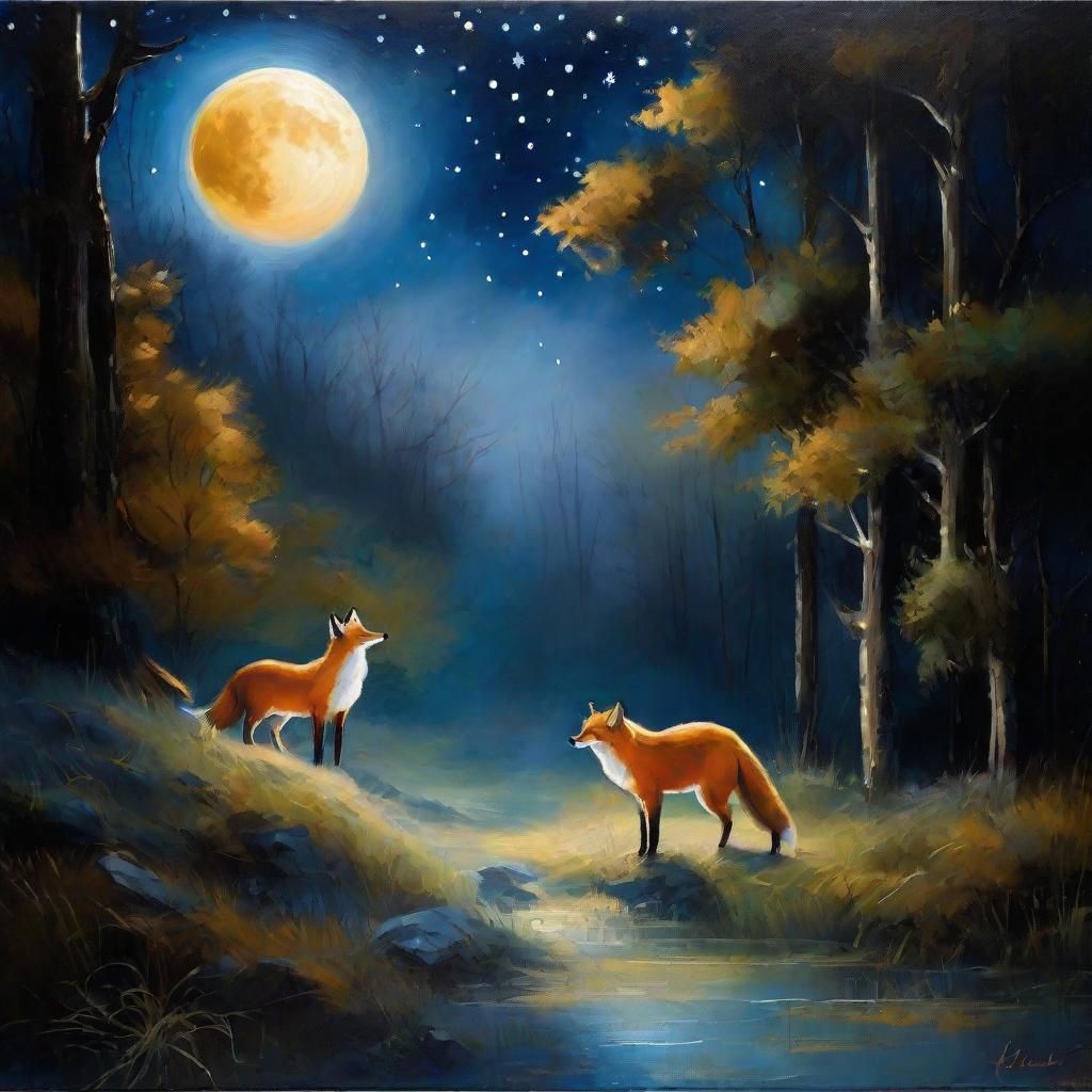 Foxes in Moonlit Glen: Romantic Oil Painting