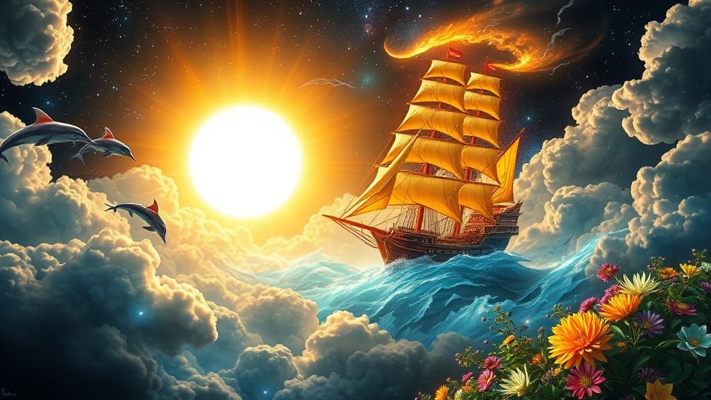 Chinese Ship Sails Through Neon Cosmic Garden