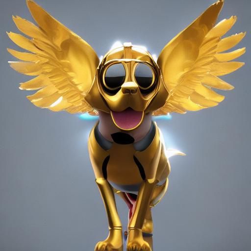 Dog with Wings and Golden Helmet in 3D Style