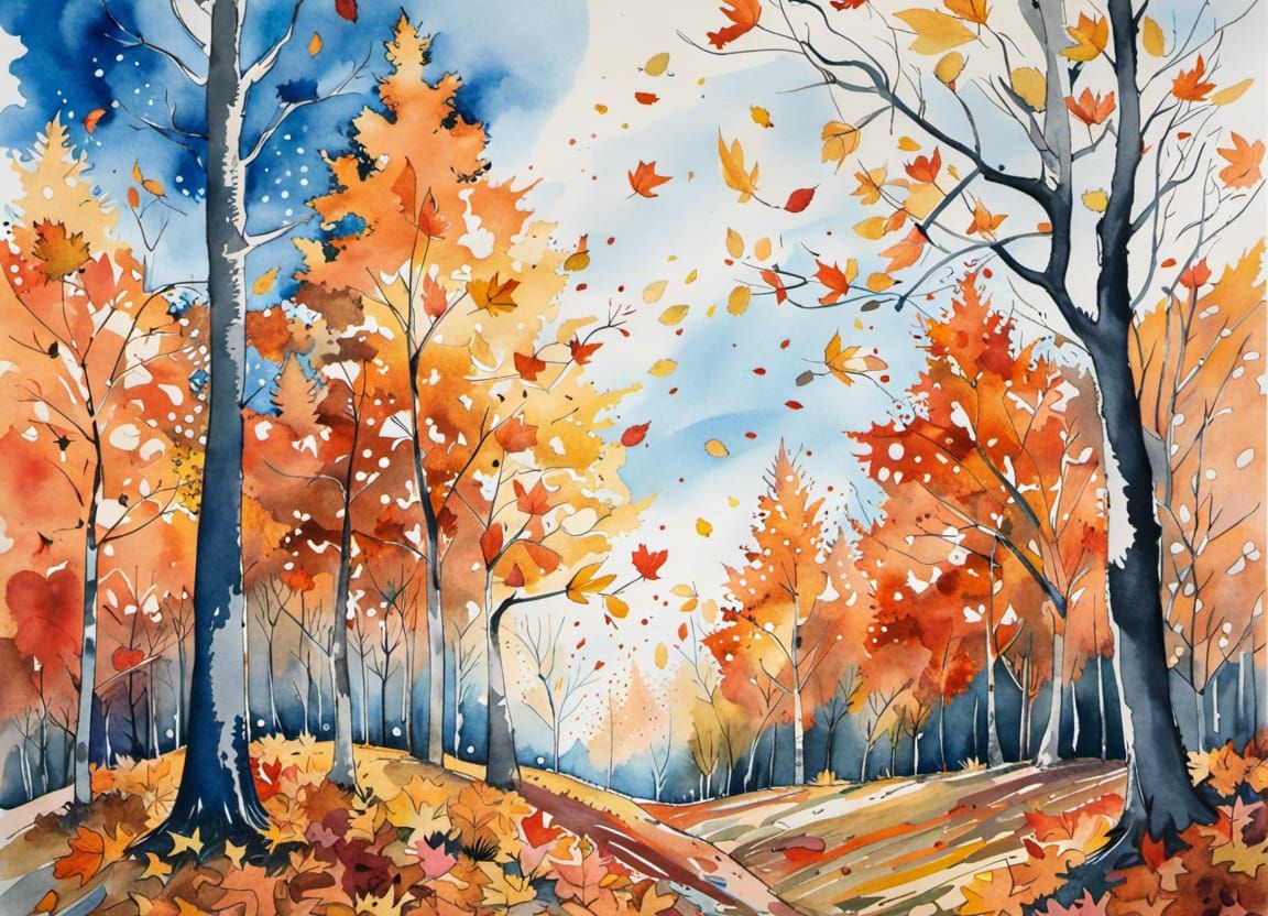 Autumn Leaves Dance: A Watercolor Landscape