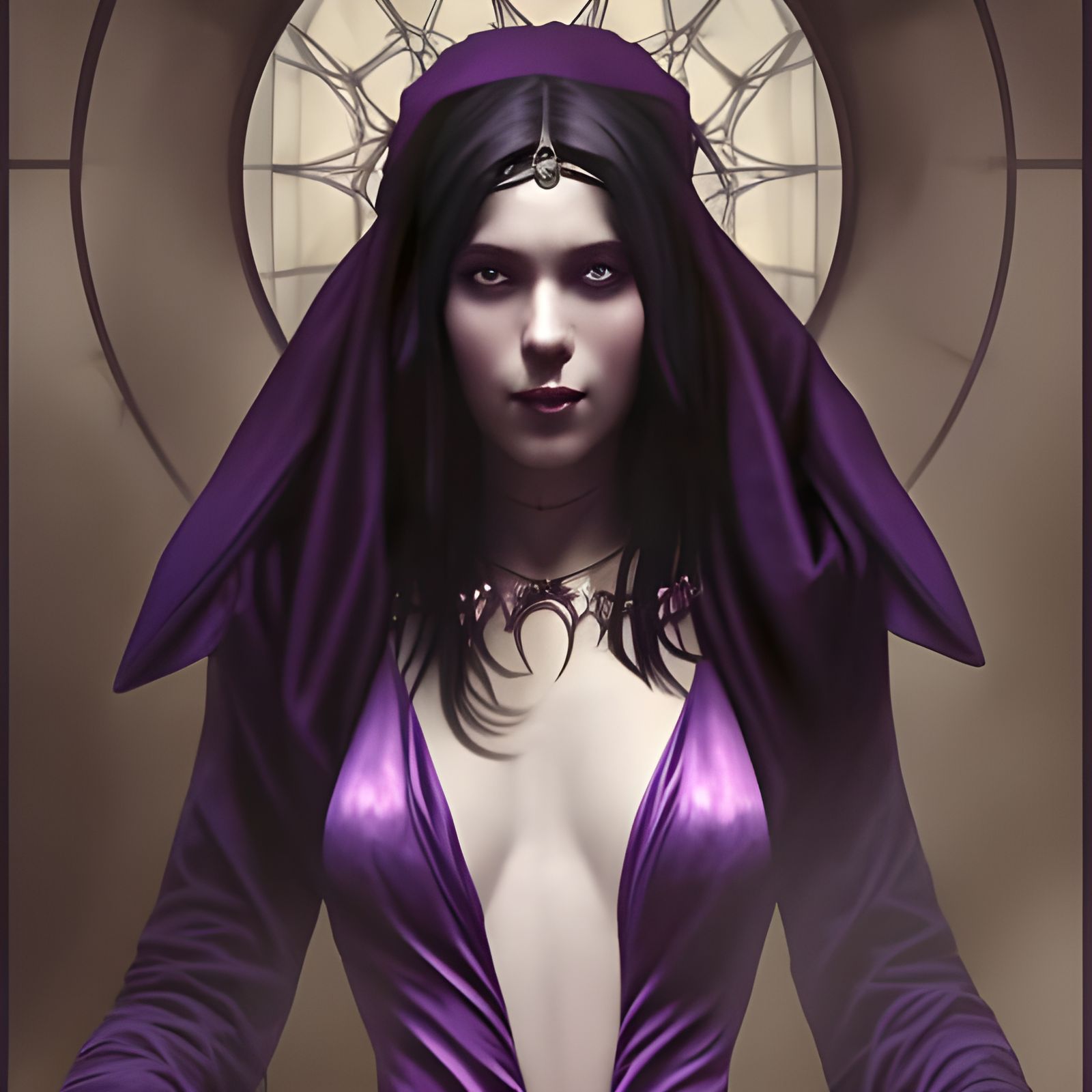 Dark Sorceress Oversees Crowd in Fantasy Art