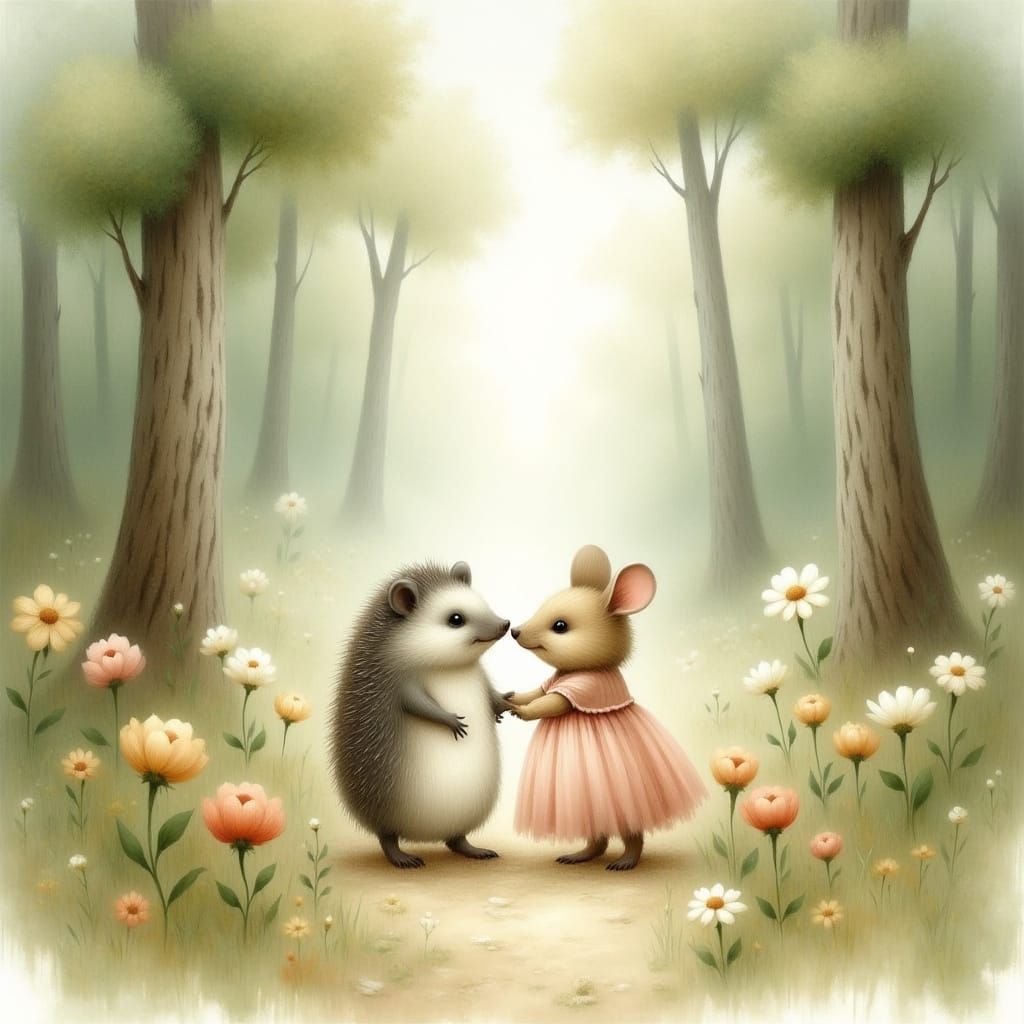 Hedgehog and Mouse in Watercolor Forest, Dreamy Kidcore