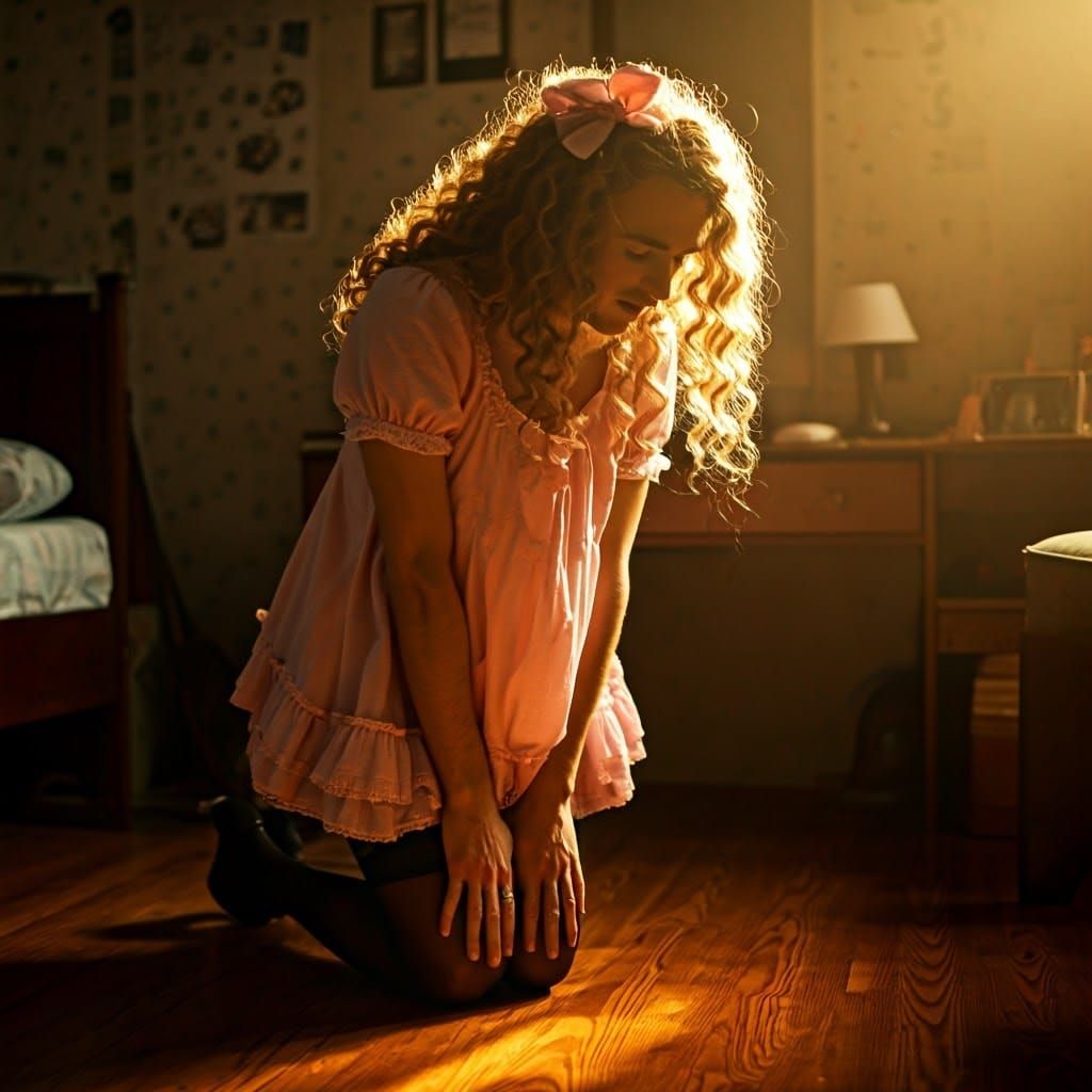 Androgynous Model in Pastel Pink Babydoll Dress and Heels