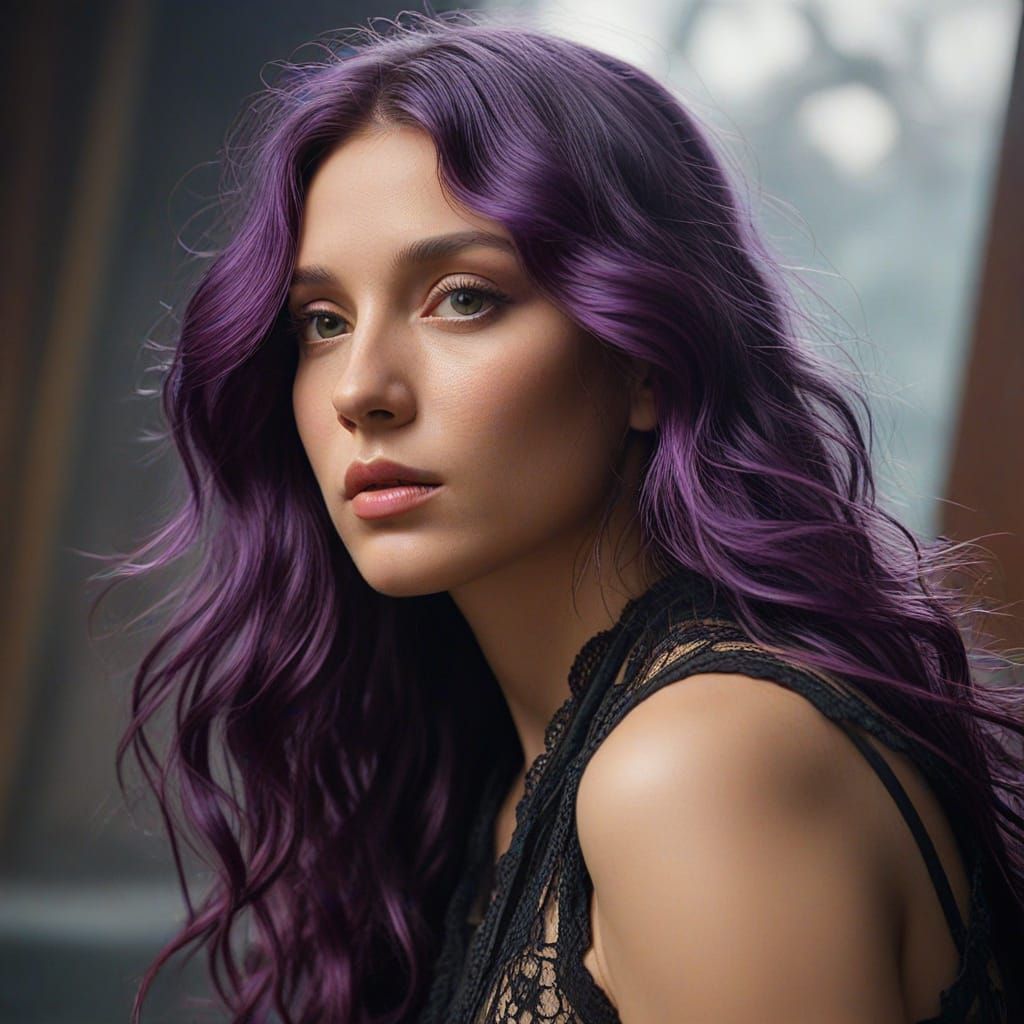 Supermodel Portrait with Purple Hair in Greg Rutkowski Style