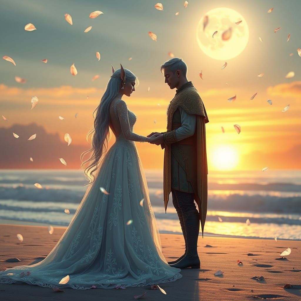 Ethereal Elven Couple Exchanging Vows on a Moonlit Beach