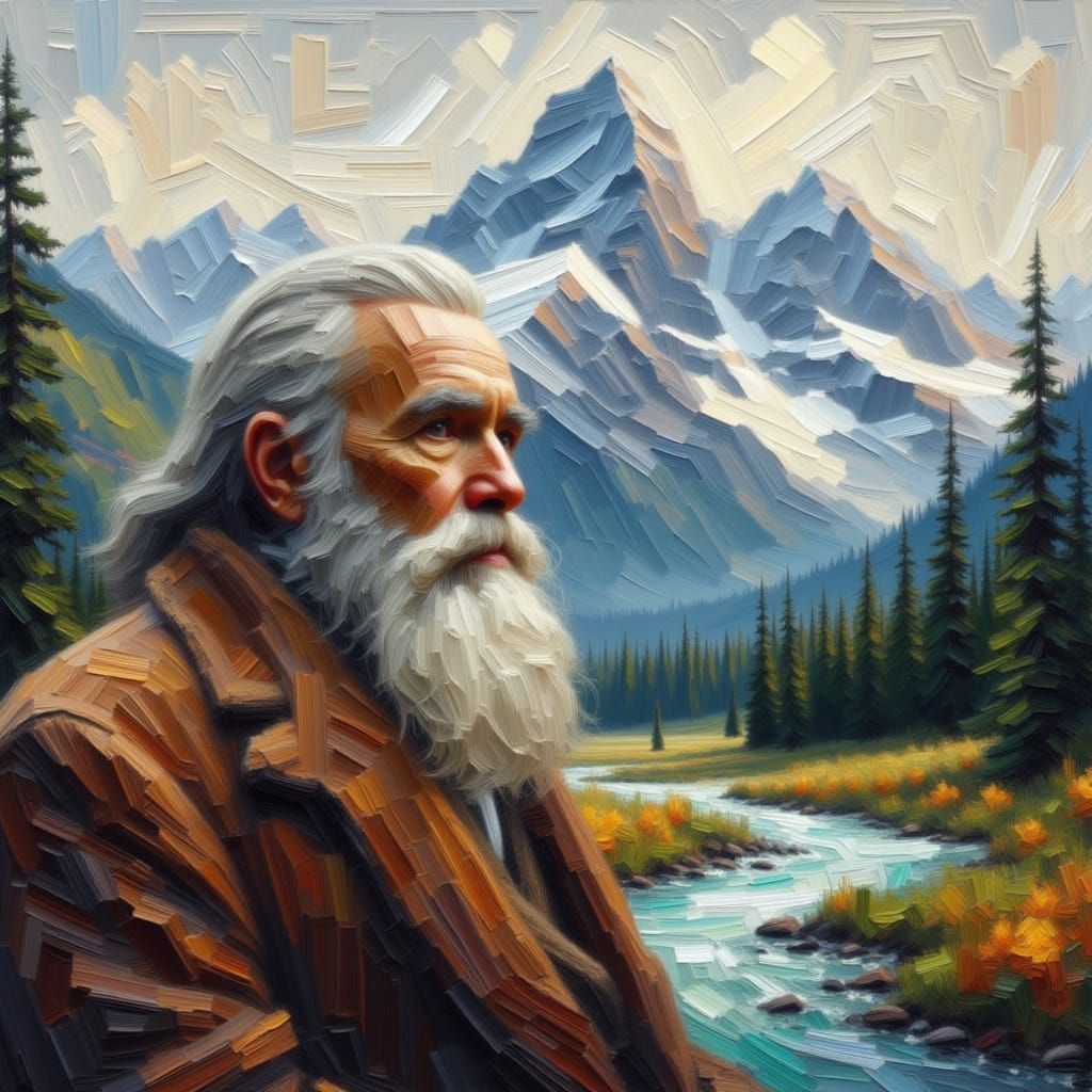 Elder and Mountain Landscape in Impasto Oil Style