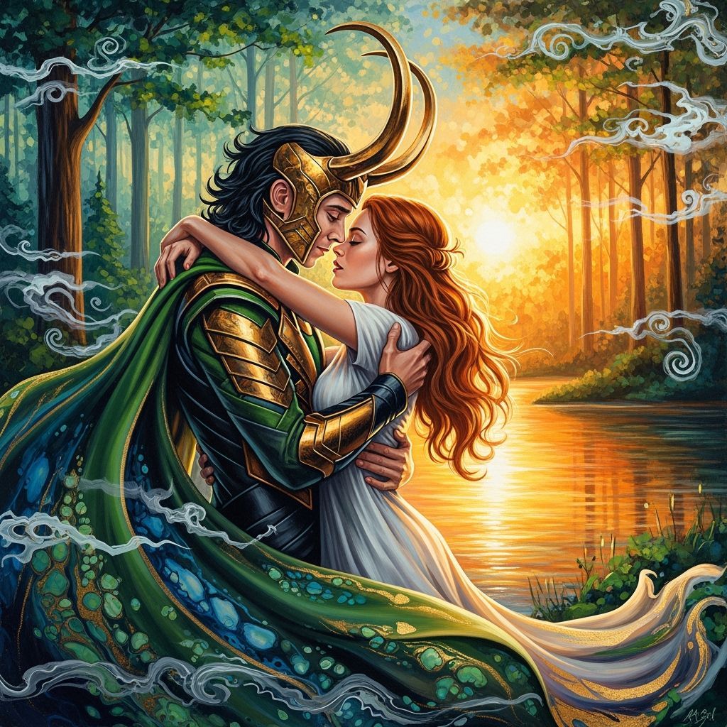 Loki Embraces Woman by Lake at Golden Hour Flow Painting