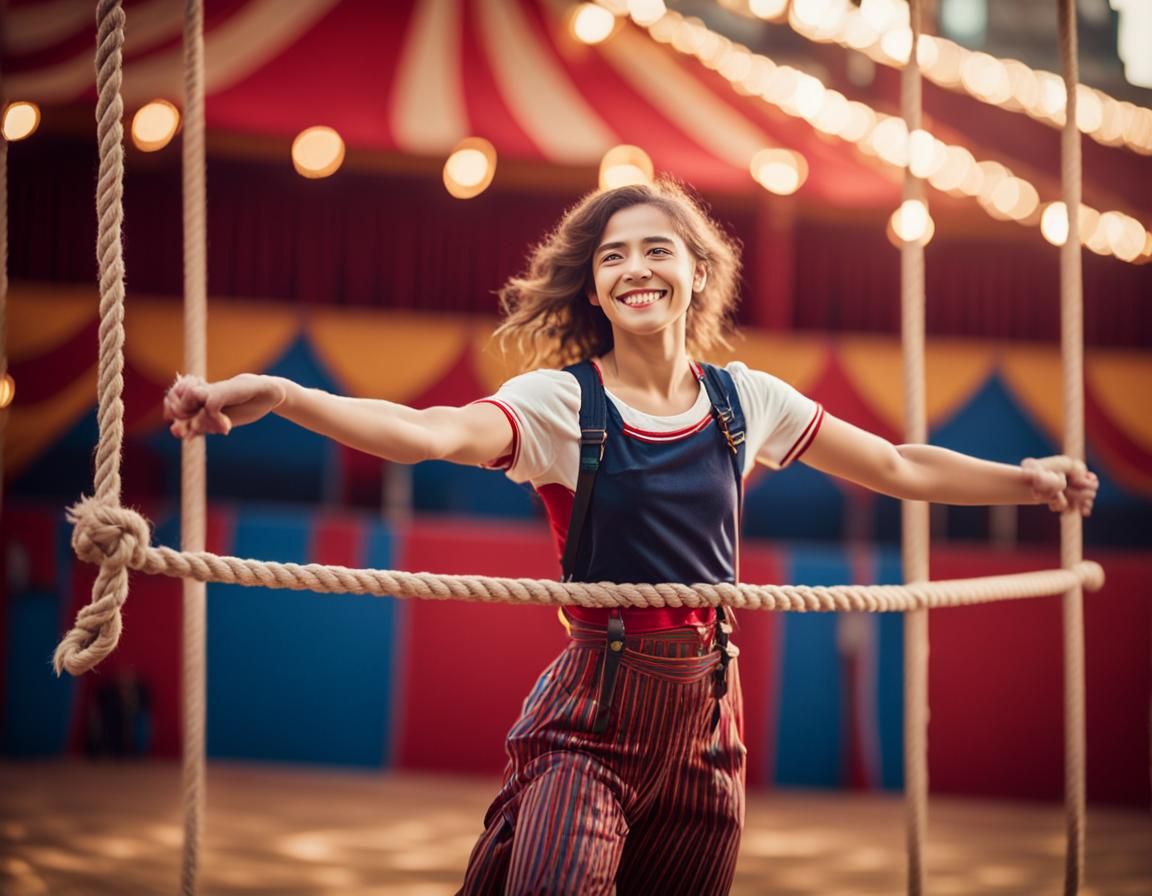 Young Circus Artist Walking on Rope, Bokeh Photography