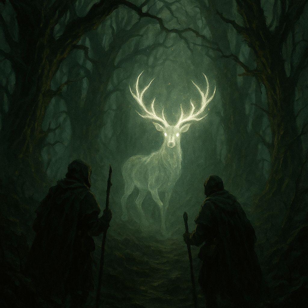 Ghostly Deer Guides Travelers Through Enchanted Forest