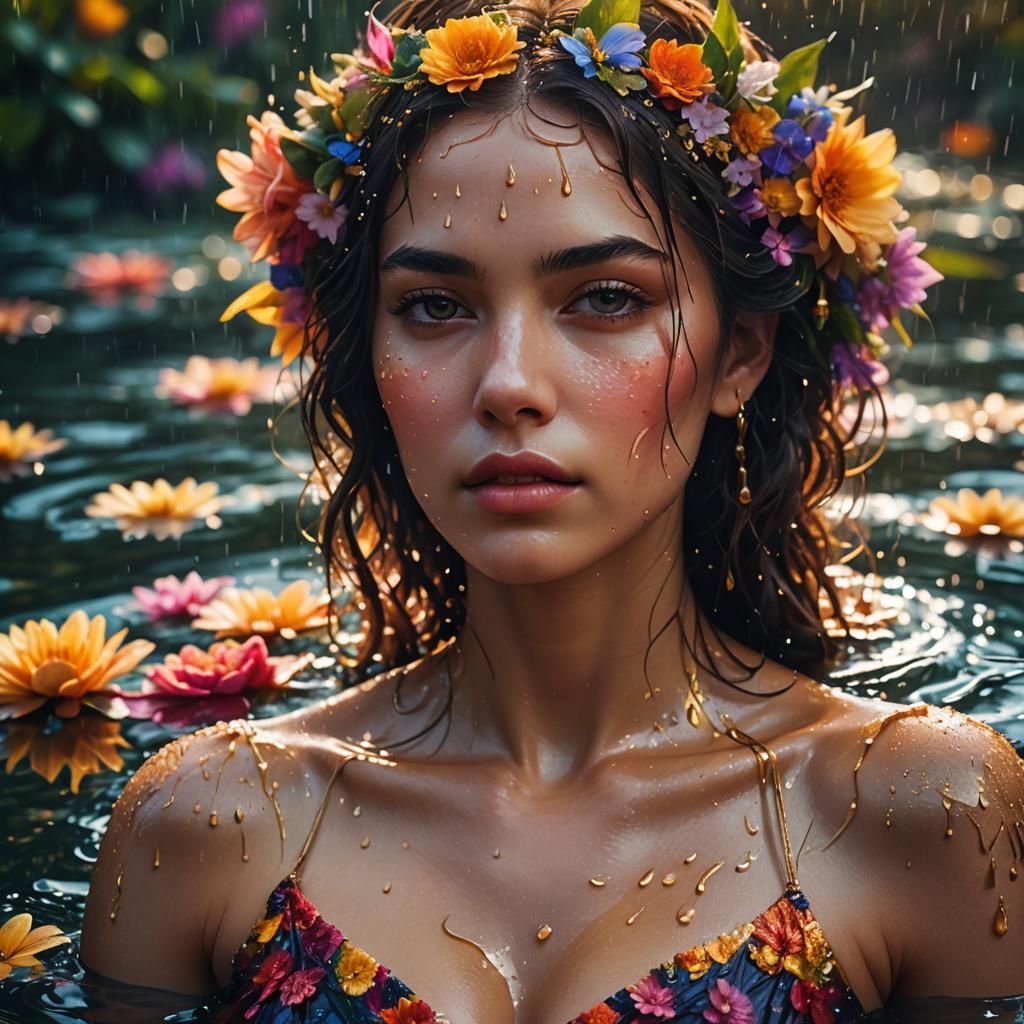Dreamy Fashion Portrait in Water with Flowers