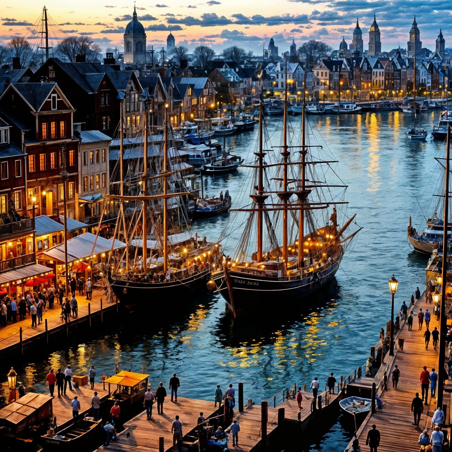 Vibrant Dock Scene with Tall Ship and Fishing Boat
