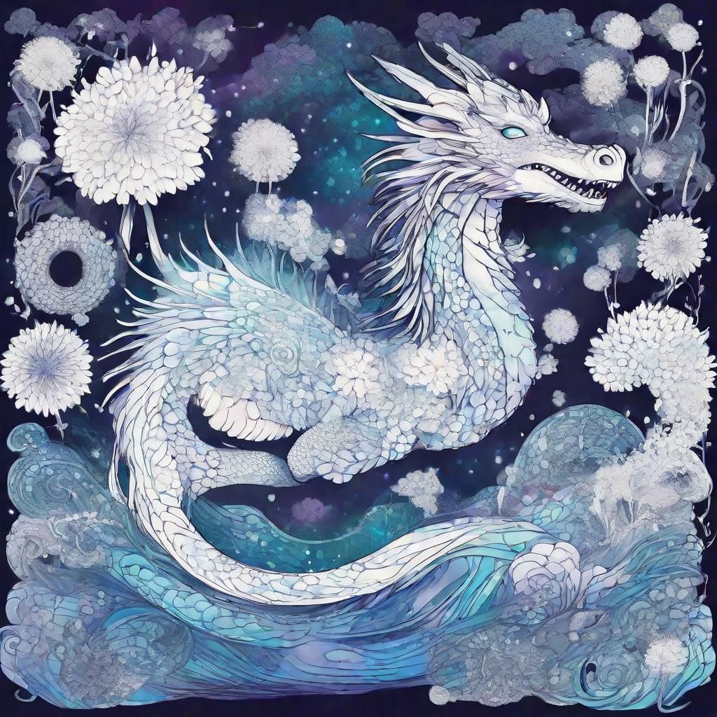 Ethereal Dragon amidst Whimsical Dandelions in Art Nouveau S...