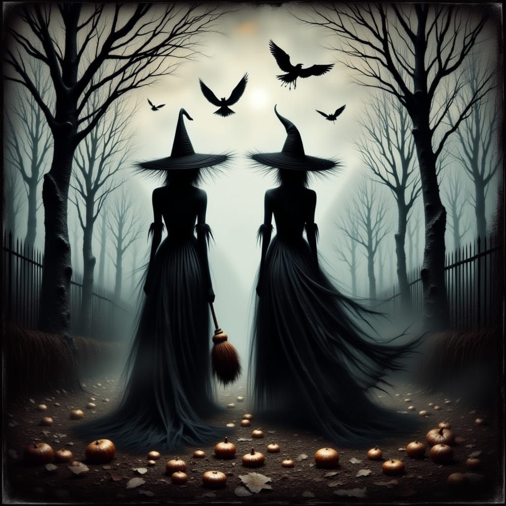 Two Witches Ride Brooms Through Spooky Cornfield