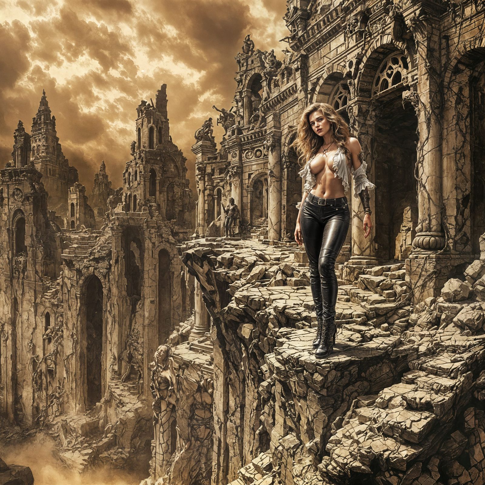 Disturbing Sepia Illustration of Woman at Ancient Ruins