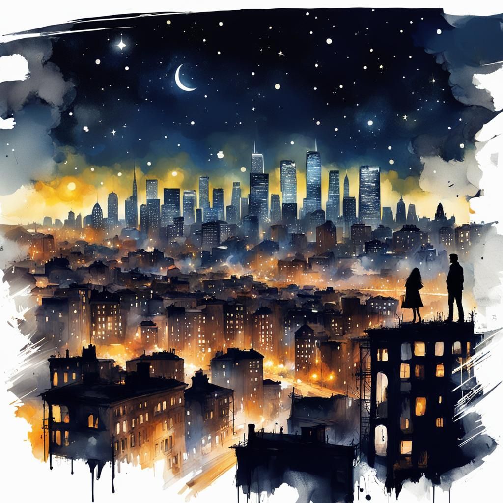 Enchanting City Skyline under Stars in Watercolor Splash Art