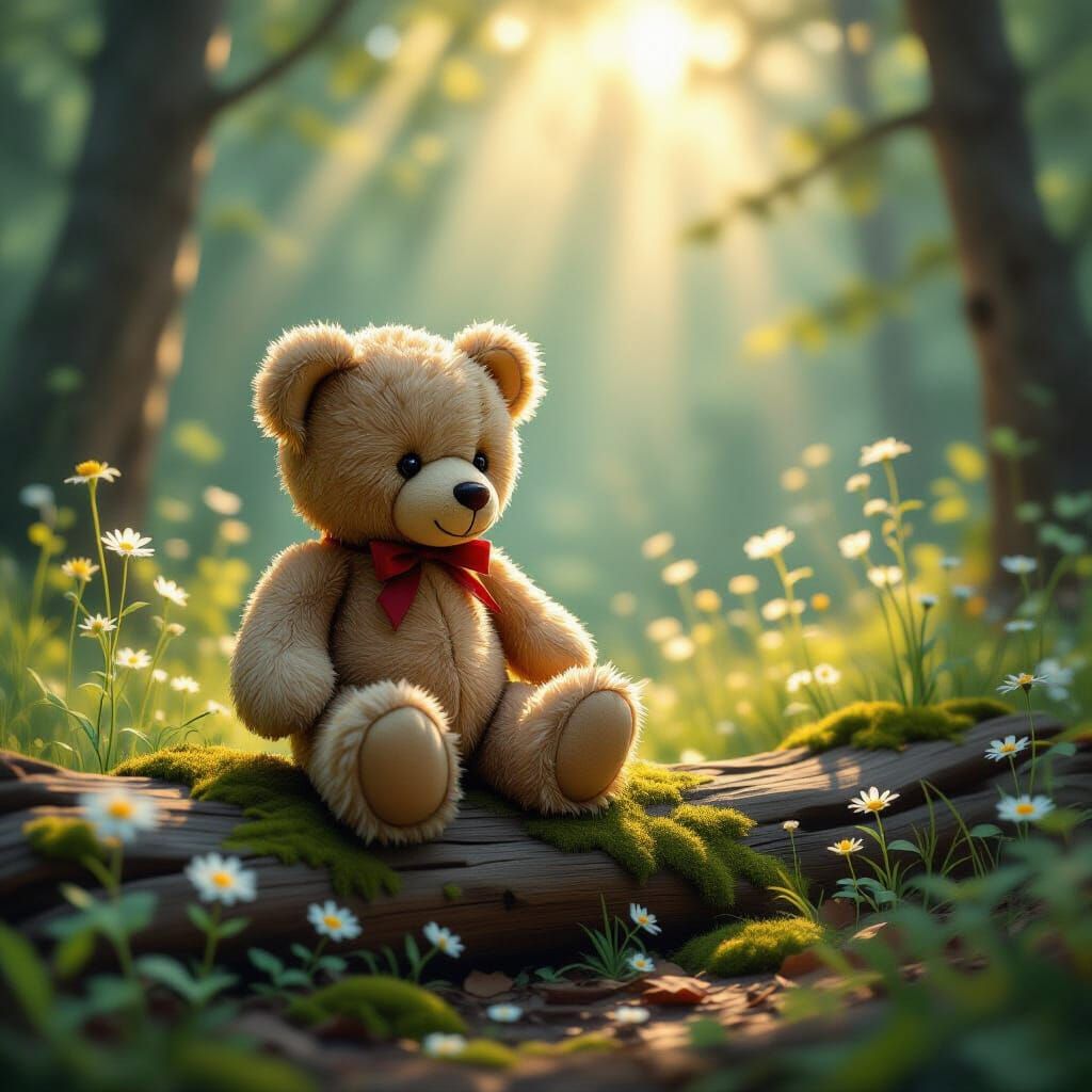 Weathered Teddy Bear in Sunlit Forest Clearing