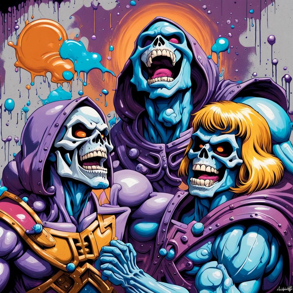 Skeletor and He-Man  laughing graffiti art, splash art, street art, spray paint, oil gouache melting, acrylic, high cont...