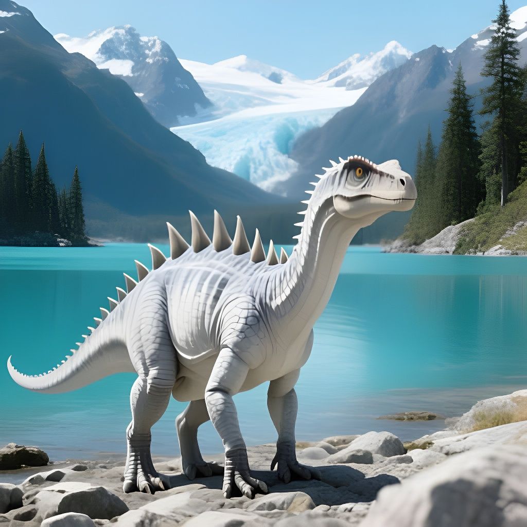 Bipedal Dinosaur on Rocky Shore with Mountain Lake