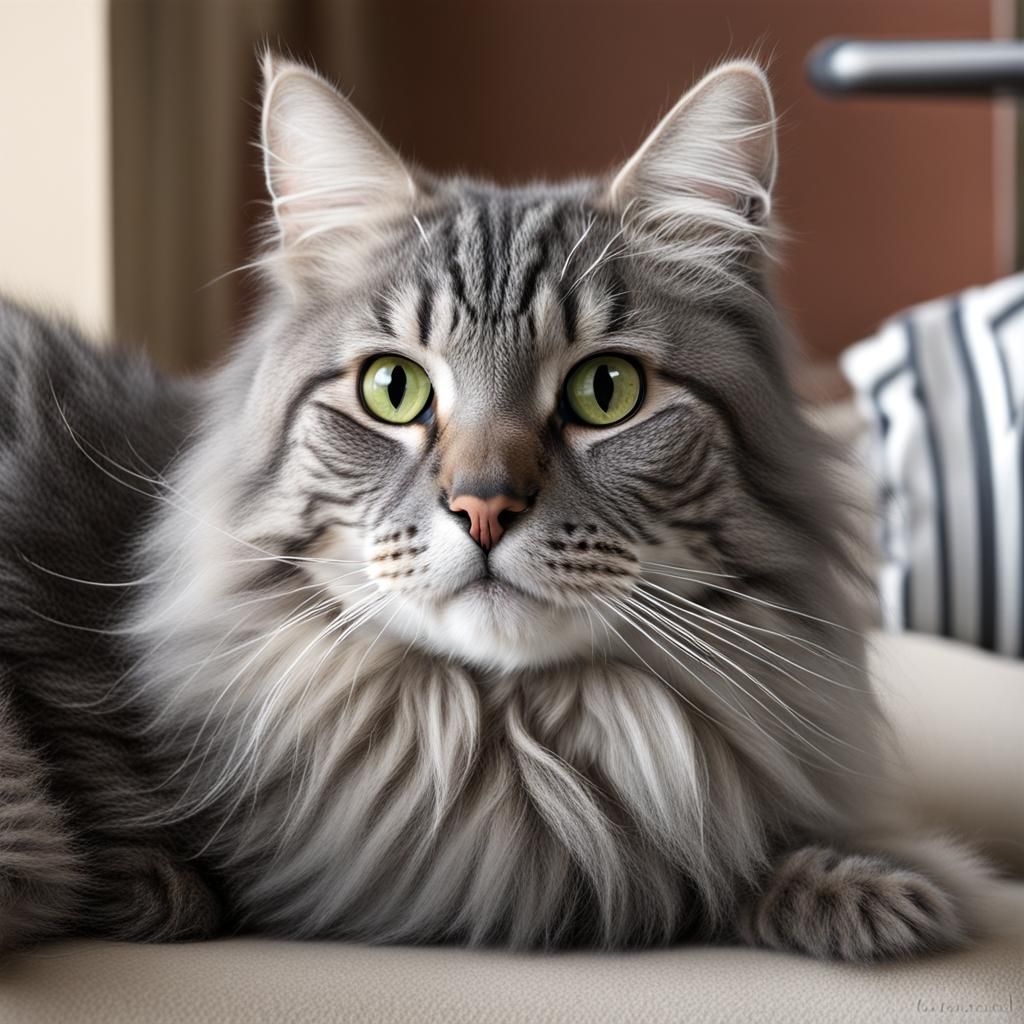 Furry Grey Tabby Cat Portrait