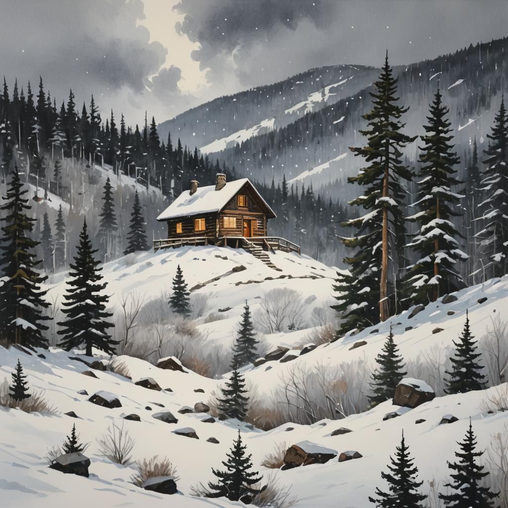Snowstorm Engulfs Mountain Cabin: Gouache Painting