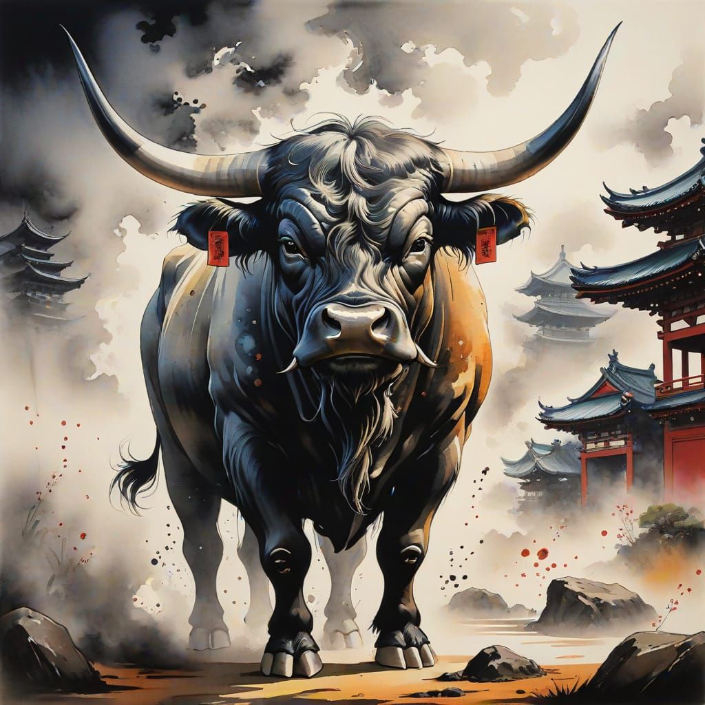 Detailed Ink Painting of a Bull in Onryo-e Style