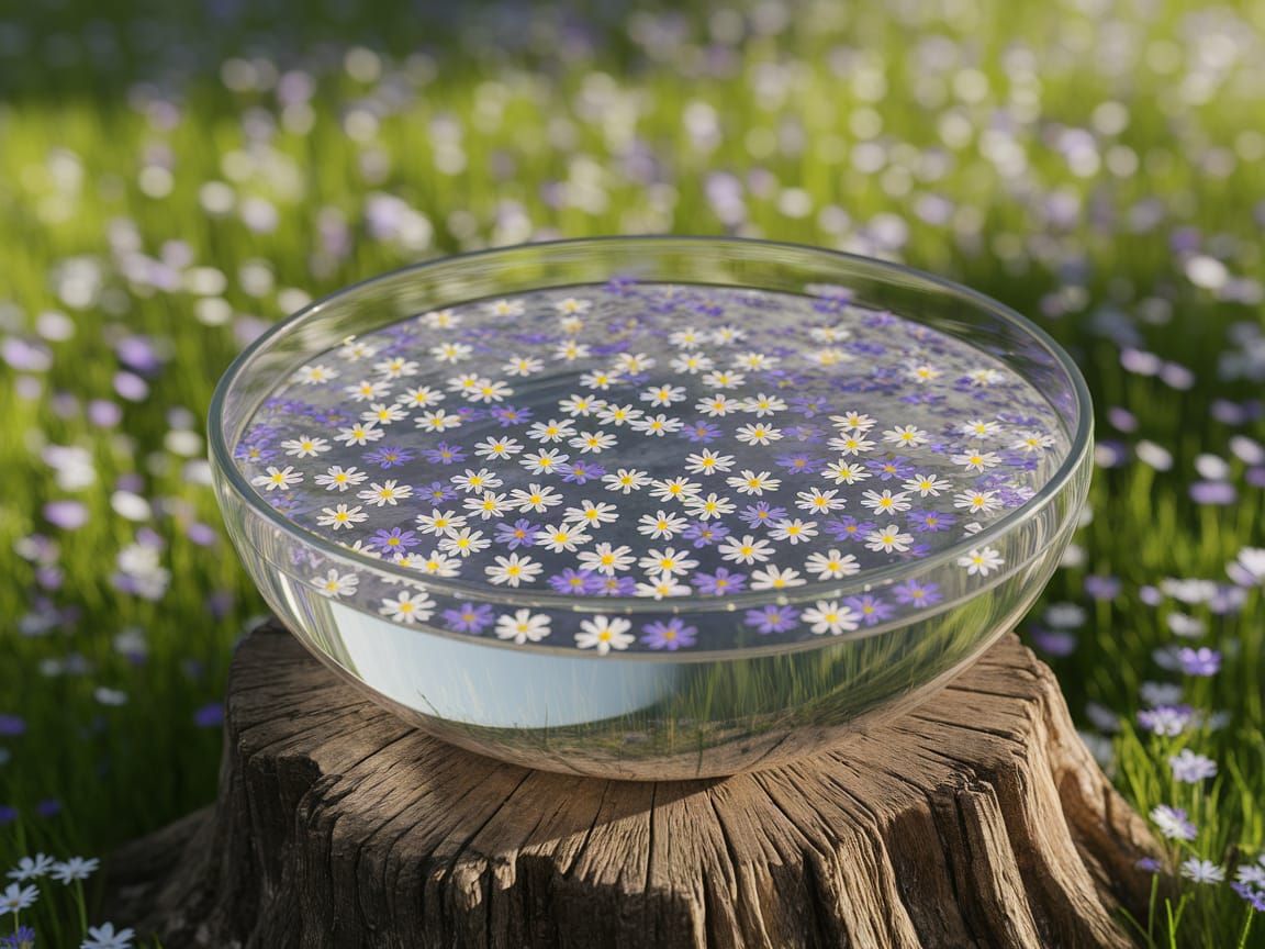 Floral Water Bowl on Tree Stump in Meadow