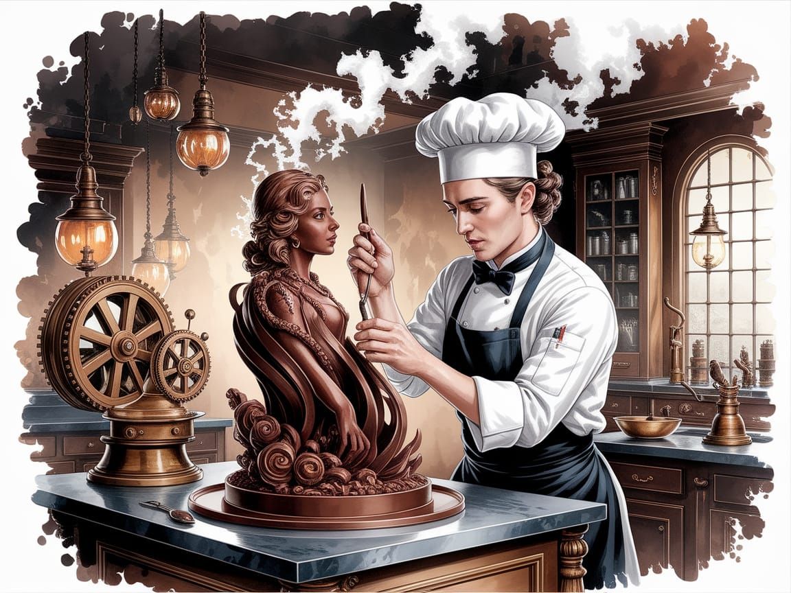 Victorian Chef's Steampunk Chocolate Sculpture: Watercolor A...