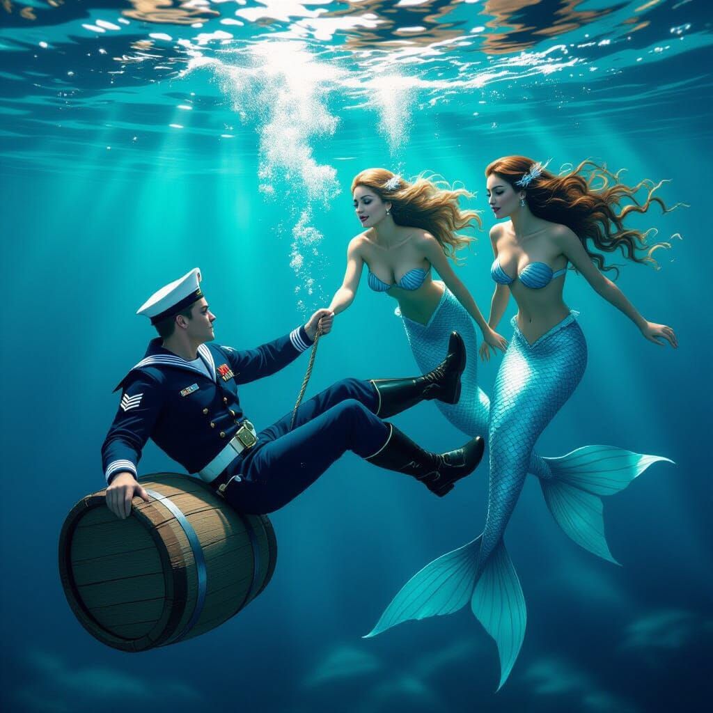 Sailor and Mermaids Under the Sea in Photorealistic Style