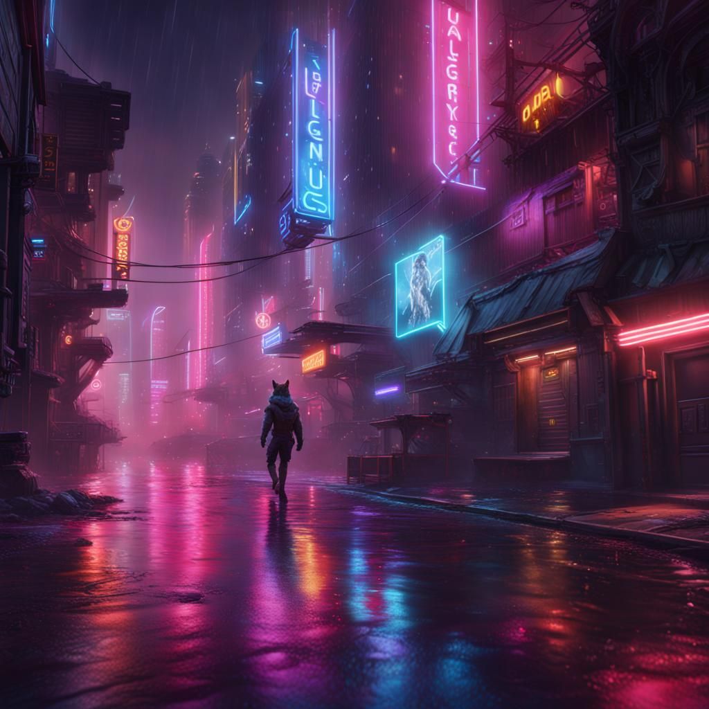 Neon Furry Protogen in Rainy City, Digital Art