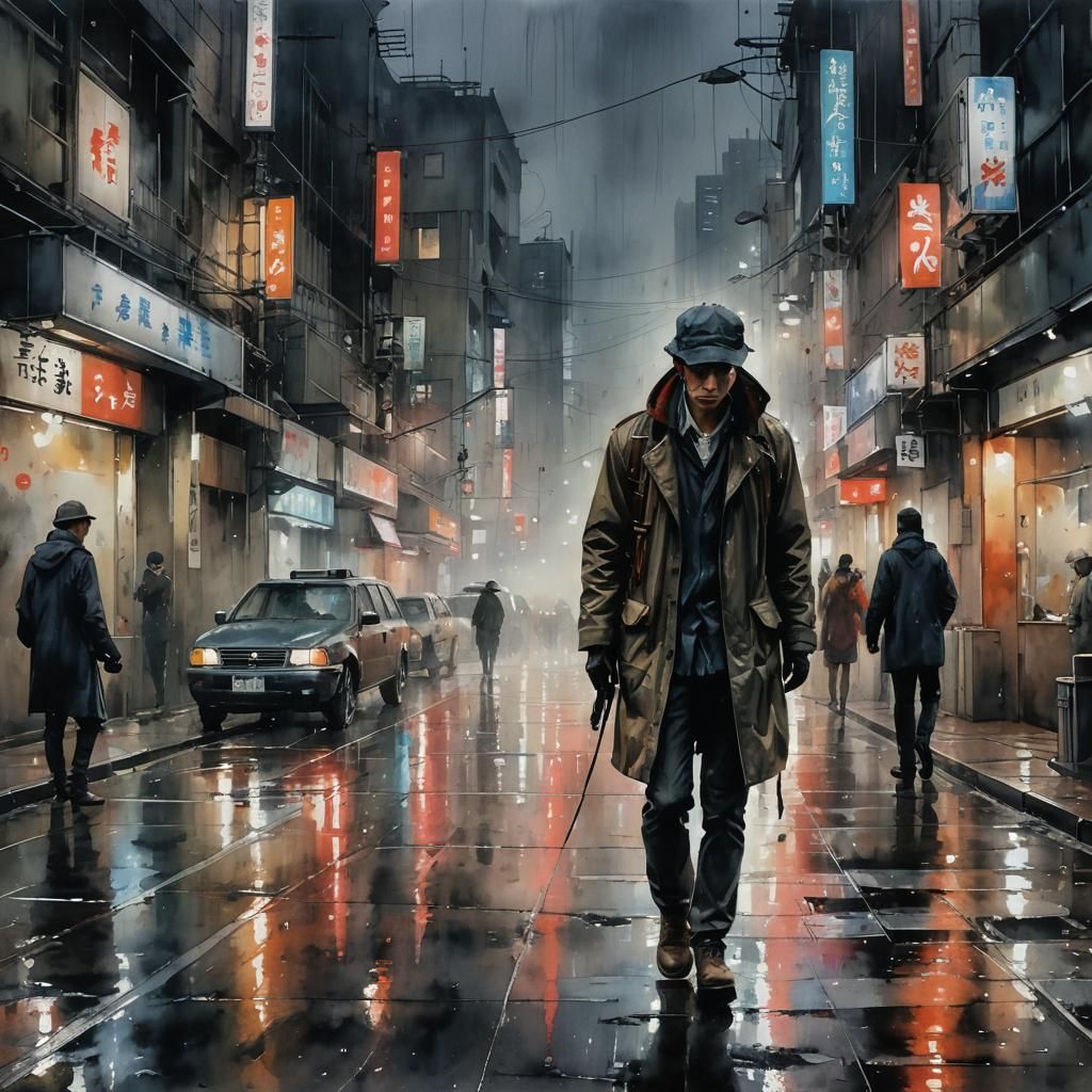 Lonely Tokyo Rain in Watercolor Gouache Style