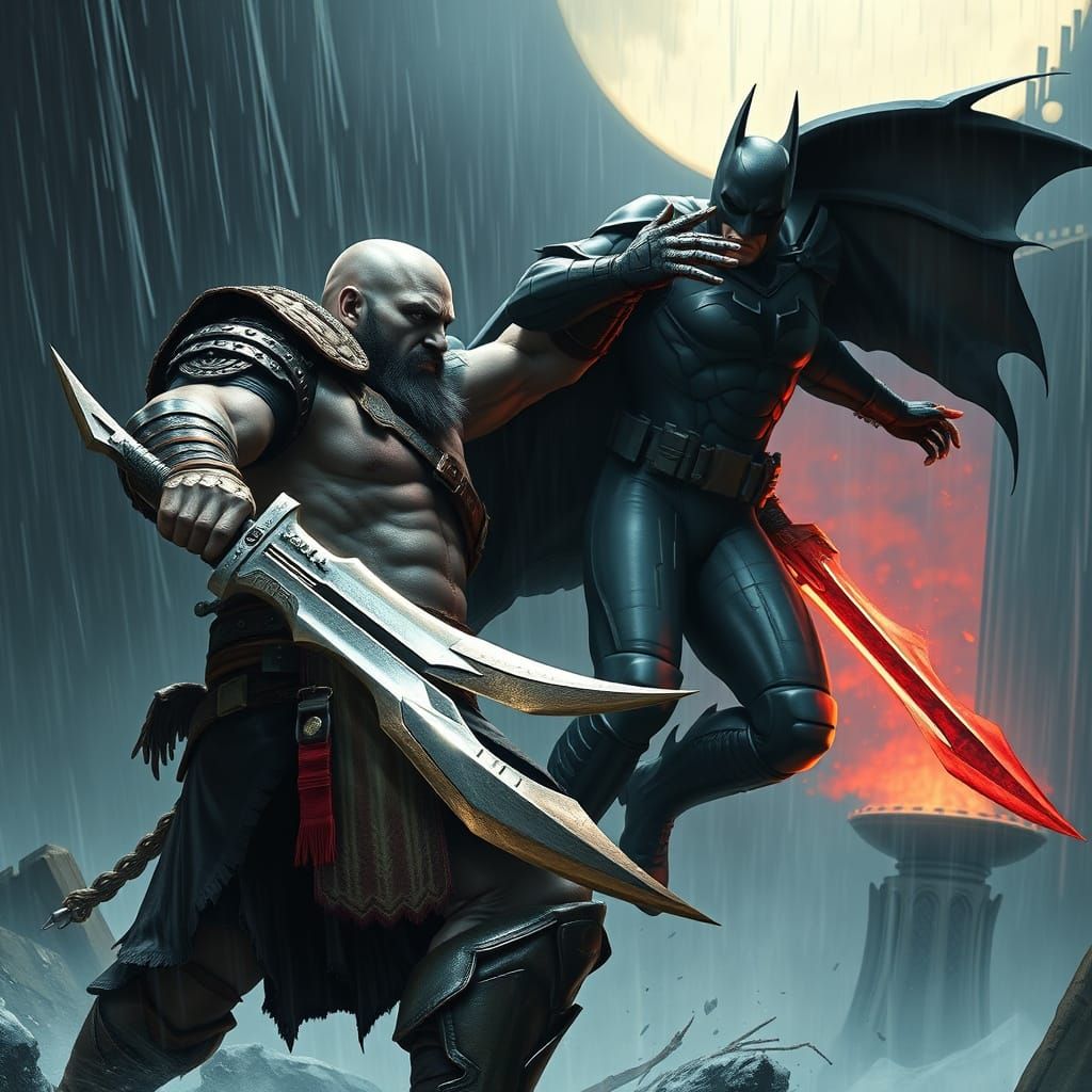 Kratos Battles Batman in Dystopian Arena