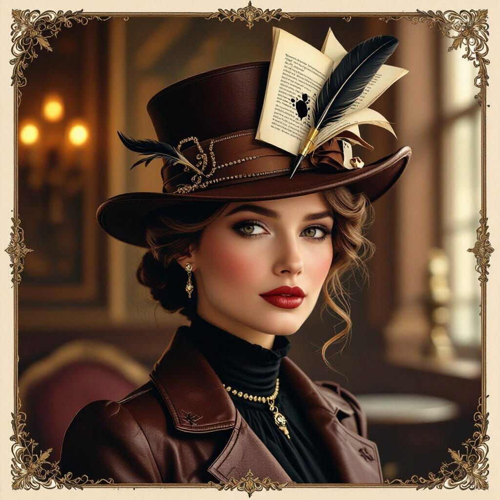 A woman wearing an elegant leather-bound vintage hat adorned...