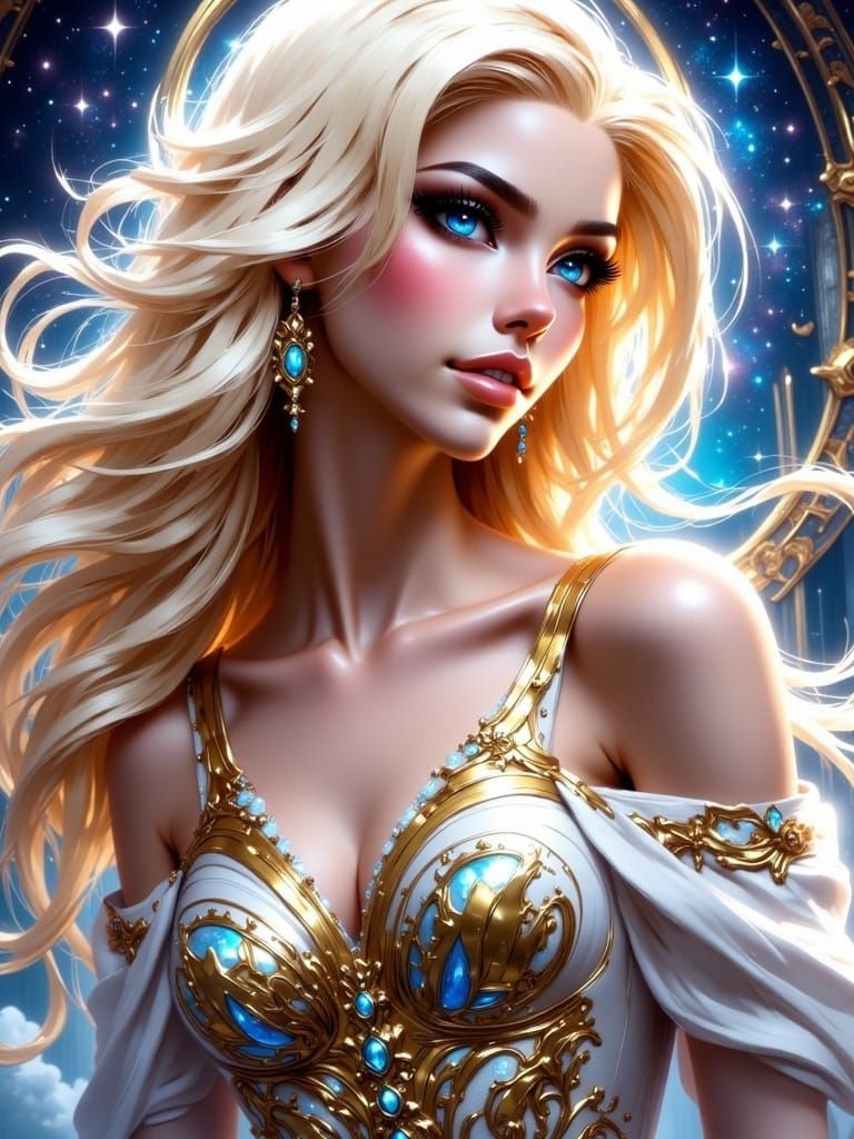 Radiant Blonde Goddess in Divine Armor Amidst Clouds