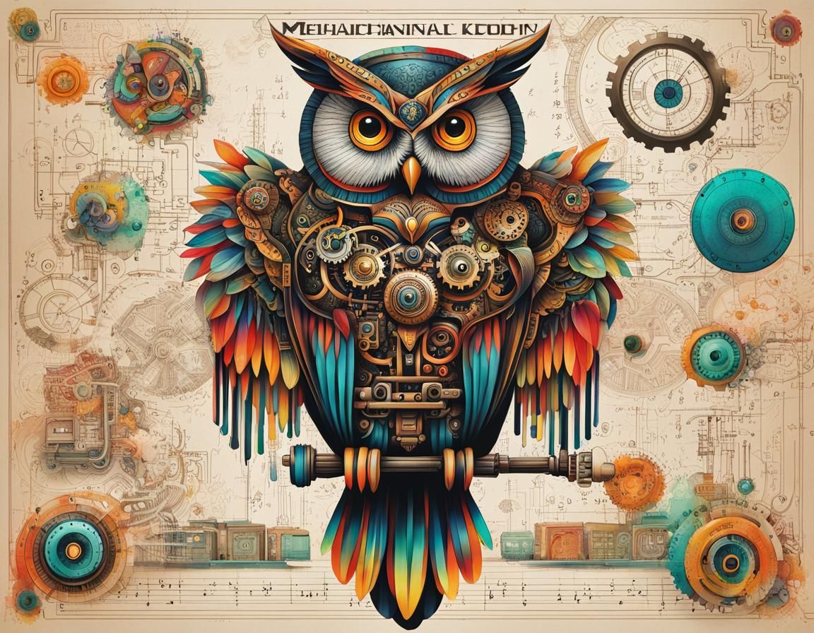 Dynamic Ink Doodle of Mechanical Owl
