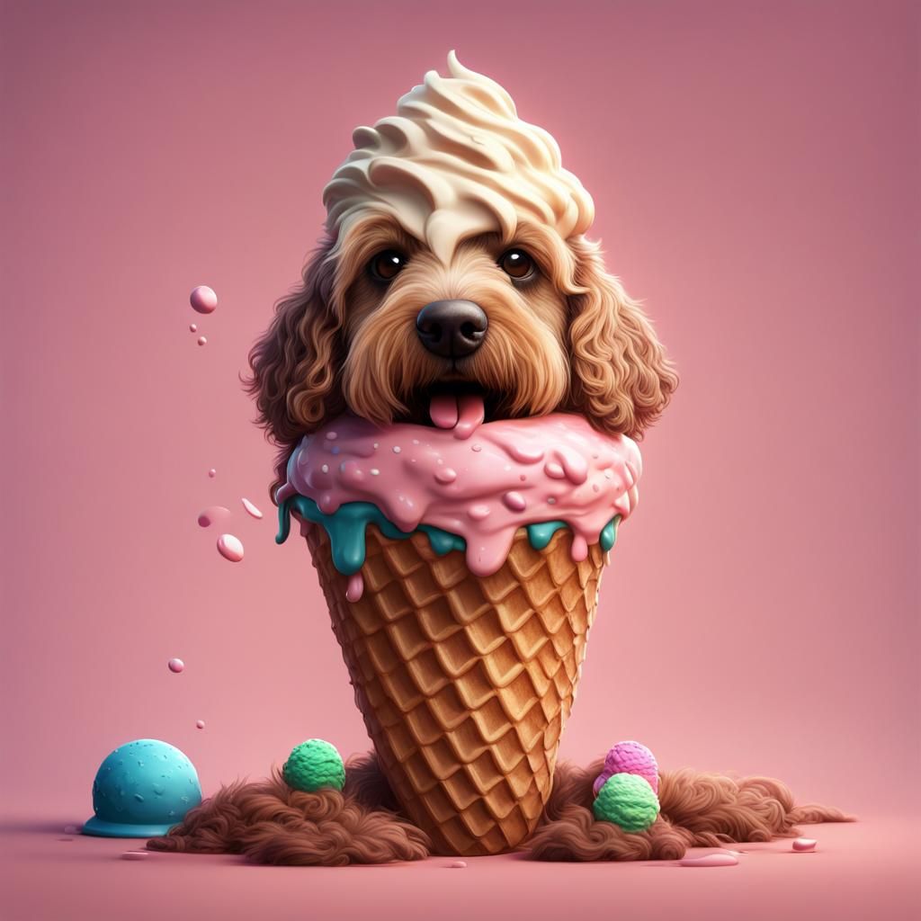 Aussie Doodle Enjoying Ice Cream: Detailed Fantasy Art