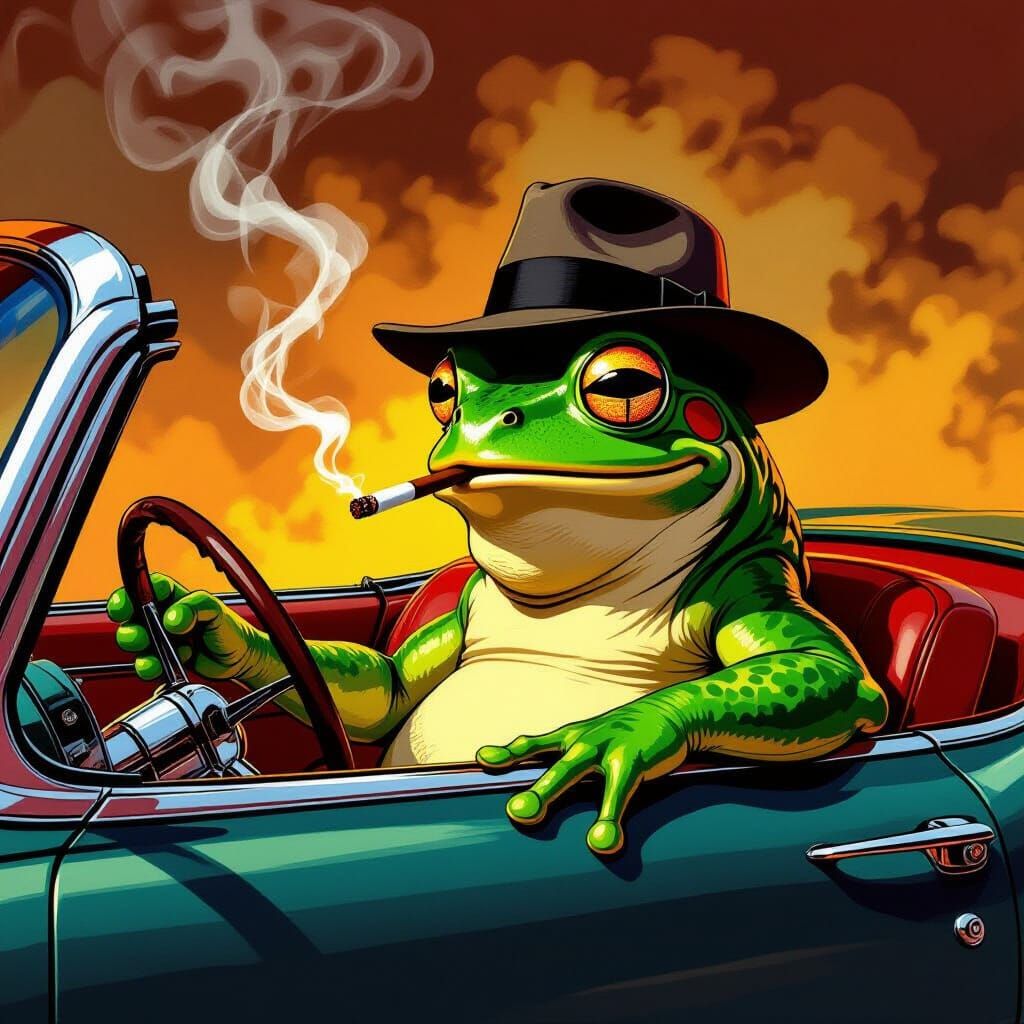 Frog in Fedora Smokes Cigar in Vintage Car