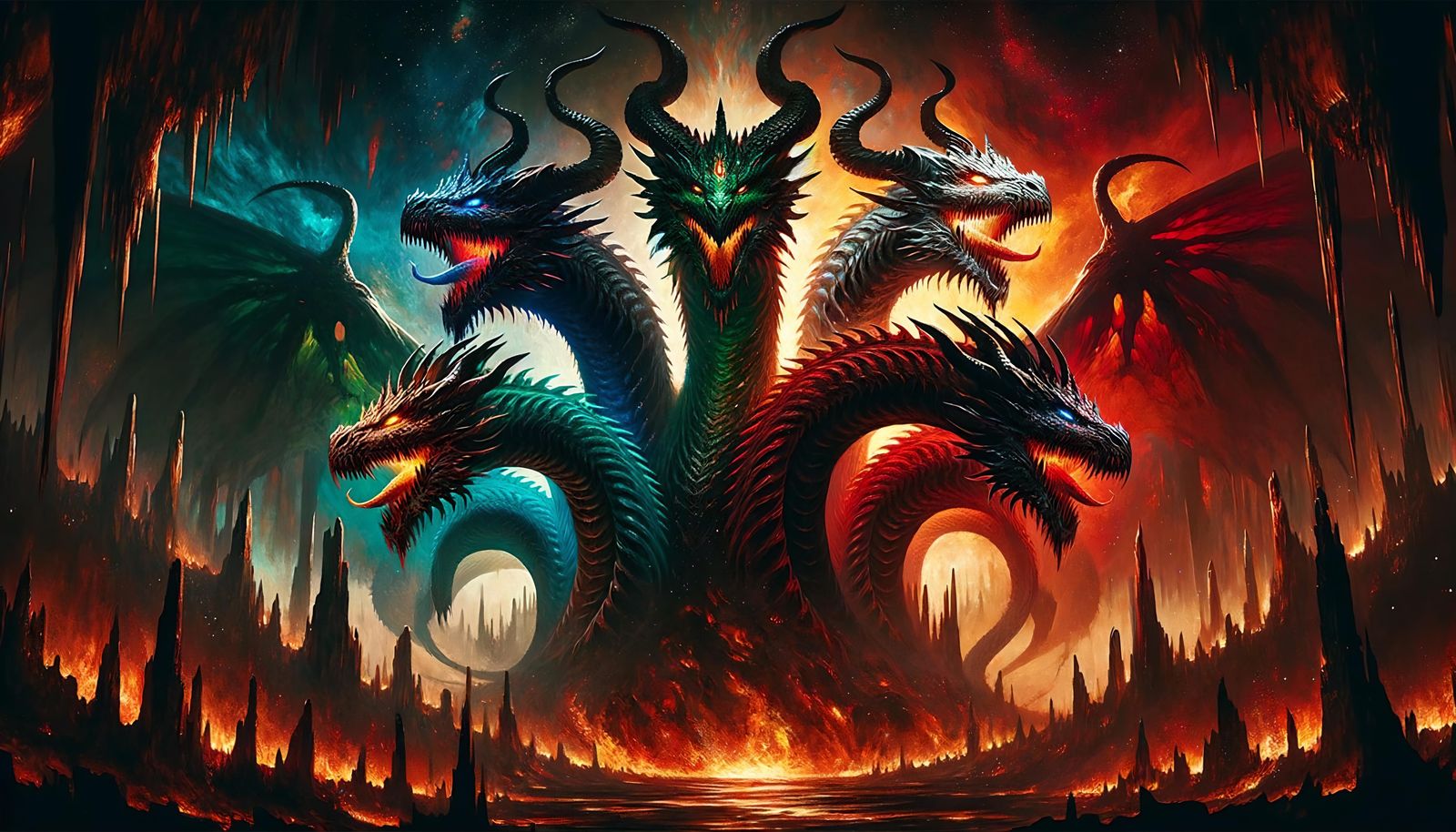 Colossal Five-Headed Dragon in Dark Epic Style