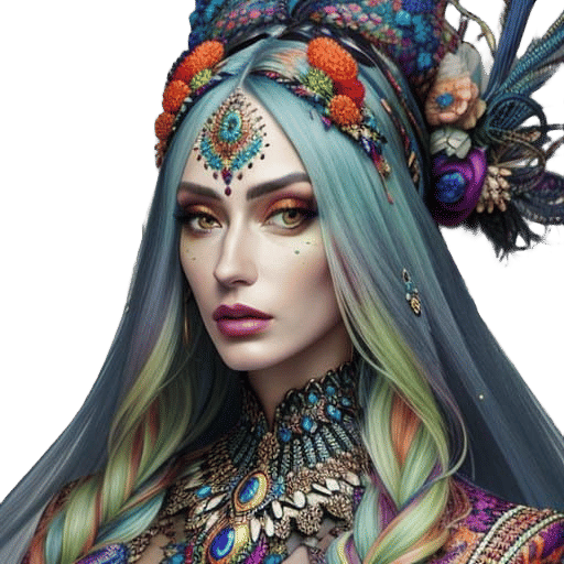 Glowing Futuristic Beauty in Intricate Colorful Attire