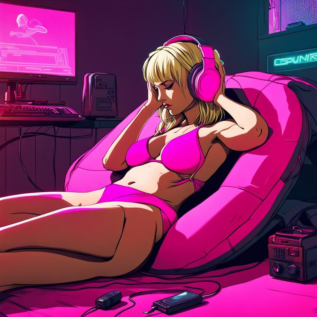 Curvy Blonde Girl in Pink Bikini, Cyberpunk Style