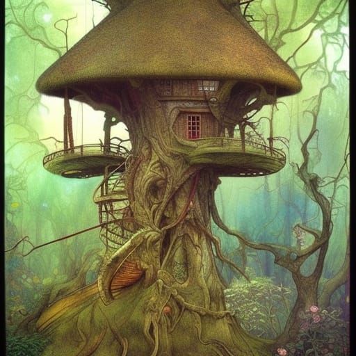 Enchanted Forest Treehouse Painting in Art Nouveau Style