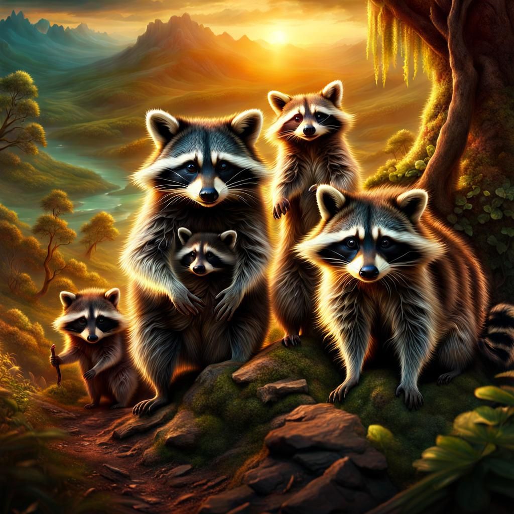 Raccoon Family in Epic Fantasy Landscape