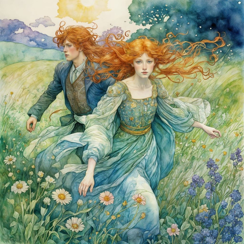 Redhead Princess and Prince in Fantasy Watercolor Illustrati...
