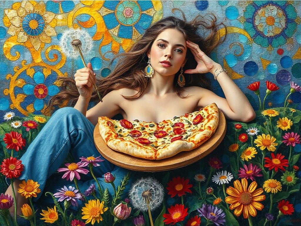 Woman with Dandelion Pizza in Expressionist Oil Painting