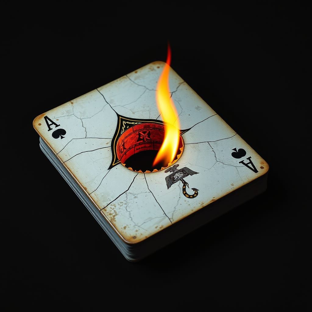 Vintage Playing Card in Flames, Dark Surrealism Art