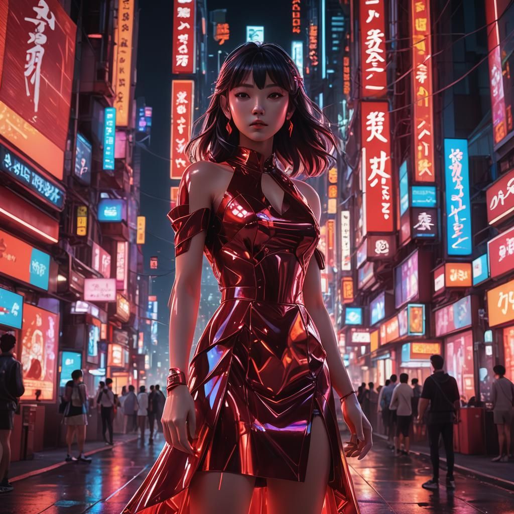 Neon Cityscape: Woman in Red Dress, Anime Style