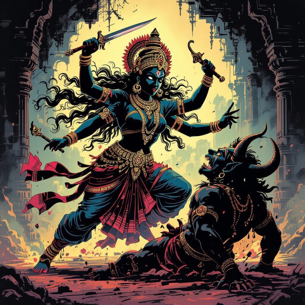 Powerful Black Goddess Durga Slaying Mahishasura