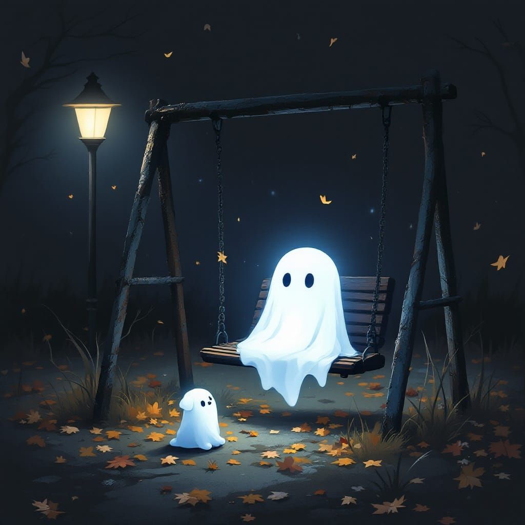 Whimsical Ghostly Scene in Chibi Style