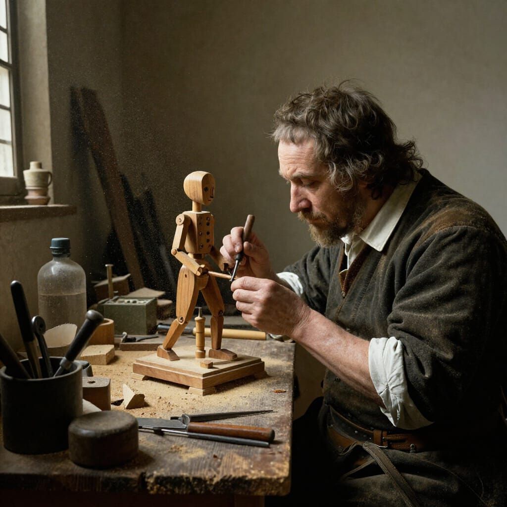 Artisan Carving Wooden Automaton in Realistic Dutch Style