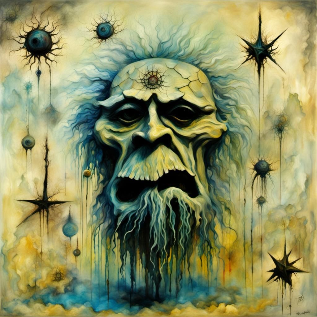 Surreal Shrunken Head Namaste in Faded Futurism Style